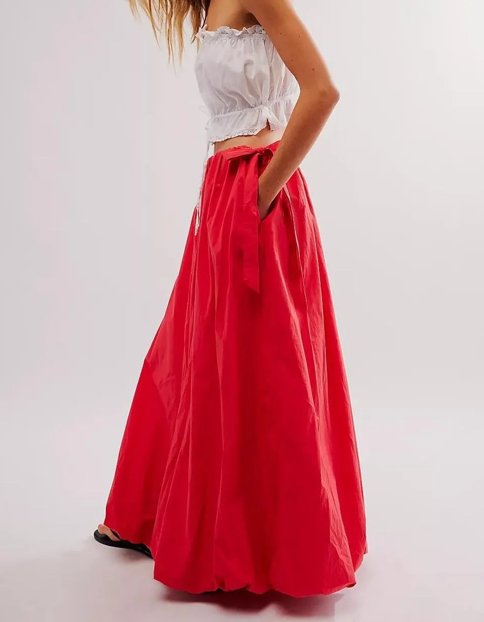 Women Bubble Midi Maxi Skirt Y2k Low Waist Side Tie Bow Aline Long Skirt Vintage Pleated Balloon Skirt