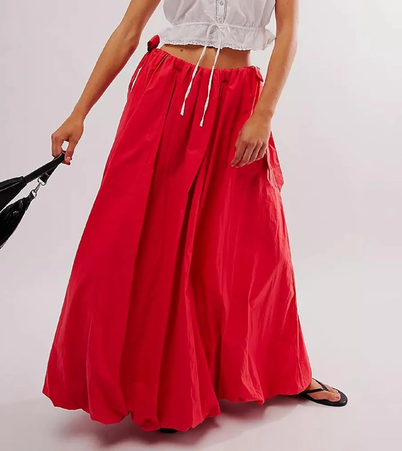 Women Bubble Midi Maxi Skirt Y2k Low Waist Side Tie Bow Aline Long Skirt Vintage Pleated Balloon Skirt