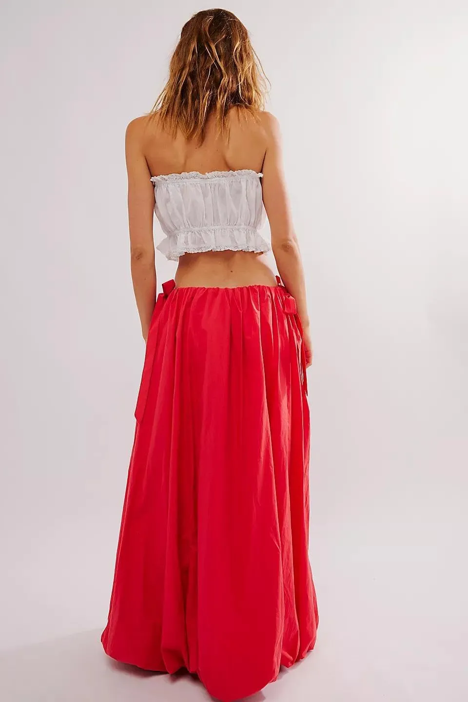 Women Bubble Midi Maxi Skirt Y2k Low Waist Side Tie Bow Aline Long Skirt Vintage Pleated Balloon Skirt