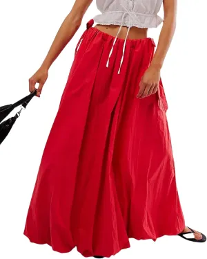 Women Bubble Midi Maxi Skirt Y2k Low Waist Side Tie Bow Aline Long Skirt Vintage Pleated Balloon Skirt