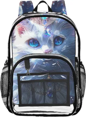 Women Clear Backpack Cute Girls Backpack for Kids Plastic Transparent Bookbag White Cat Crown Queen
