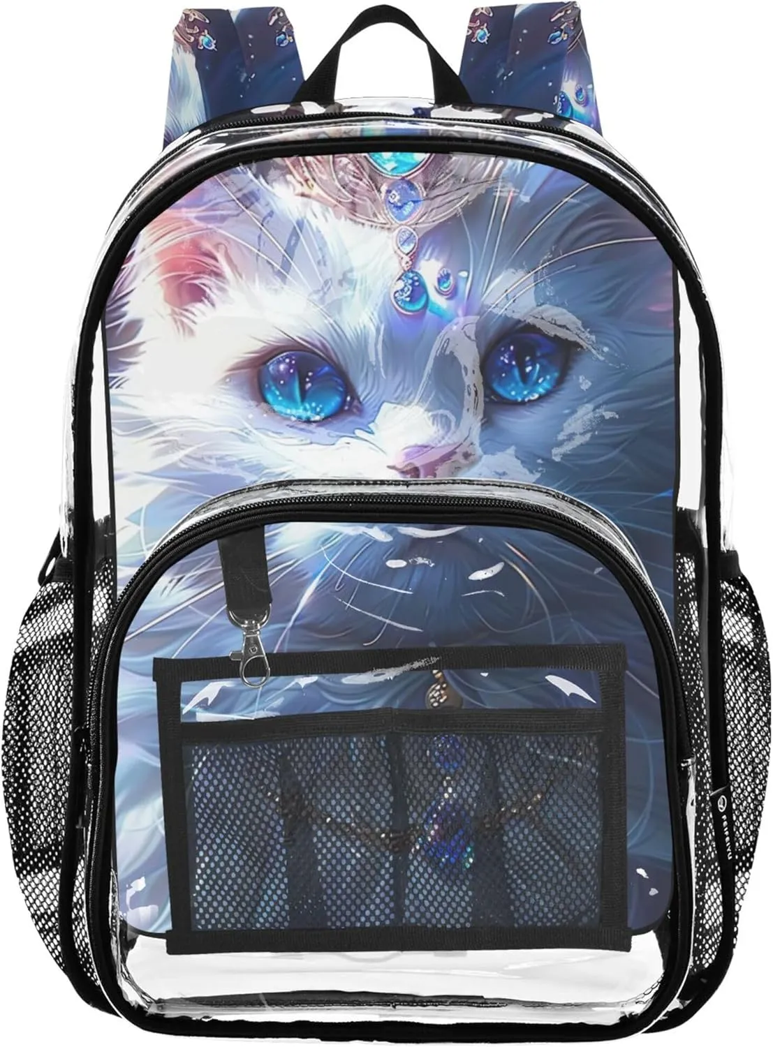 Women Clear Backpack Cute Girls Backpack for Kids Plastic Transparent Bookbag White Cat Crown Queen
