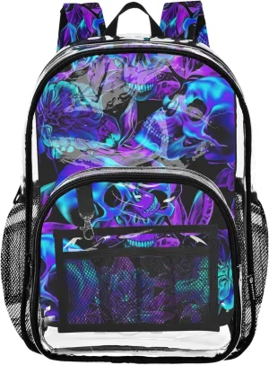 Women Clear Backpack Cute Girls Backpack Kids Boys Approved See through Bag Neon Blue Purple Skulls Flowers