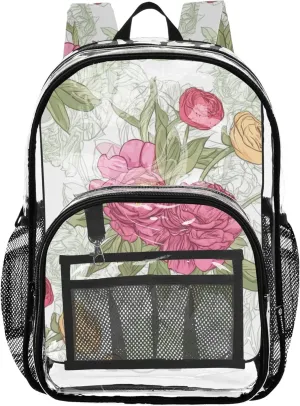 Women Clear Backpack Cute Kids Backpack for Girls School Clear Plastic Bag Pvc Floral Peony Spring