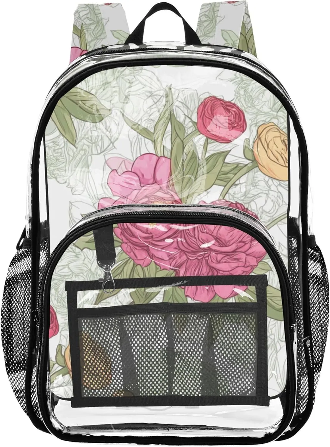 Women Clear Backpack Cute Kids Backpack for Girls School Clear Plastic Bag Pvc Floral Peony Spring
