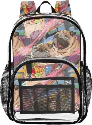Women Clear Backpack Cute Kids Girls Backpack Boys Approved Plastic Bag Large Cute Pug Dog
