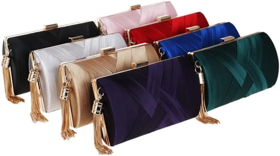Women Clutch Bags Tassel Golden Satin Evening Bags Wedding Bridal Handbags Shoulder Bag Chain Purse