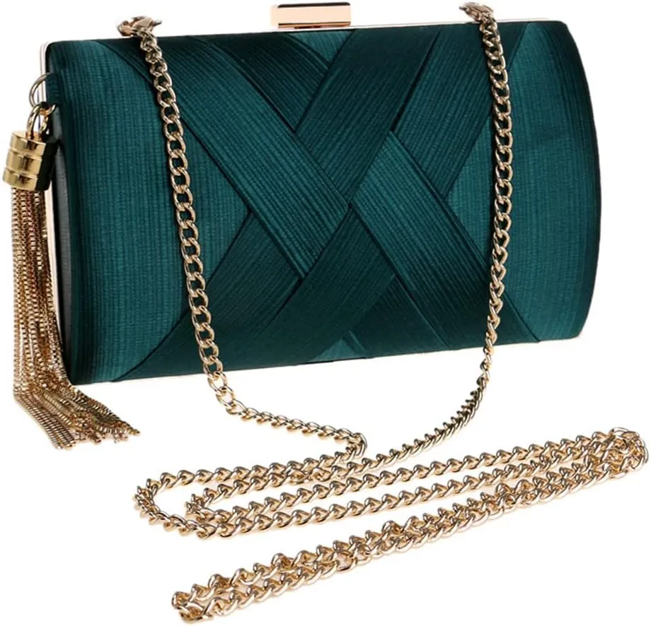 Women Clutch Bags Tassel Golden Satin Evening Bags Wedding Bridal Handbags Shoulder Bag Chain Purse