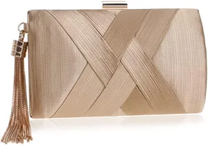 Women Clutch Bags Tassel Golden Satin Evening Bags Wedding Bridal Handbags Shoulder Bag Chain Purse