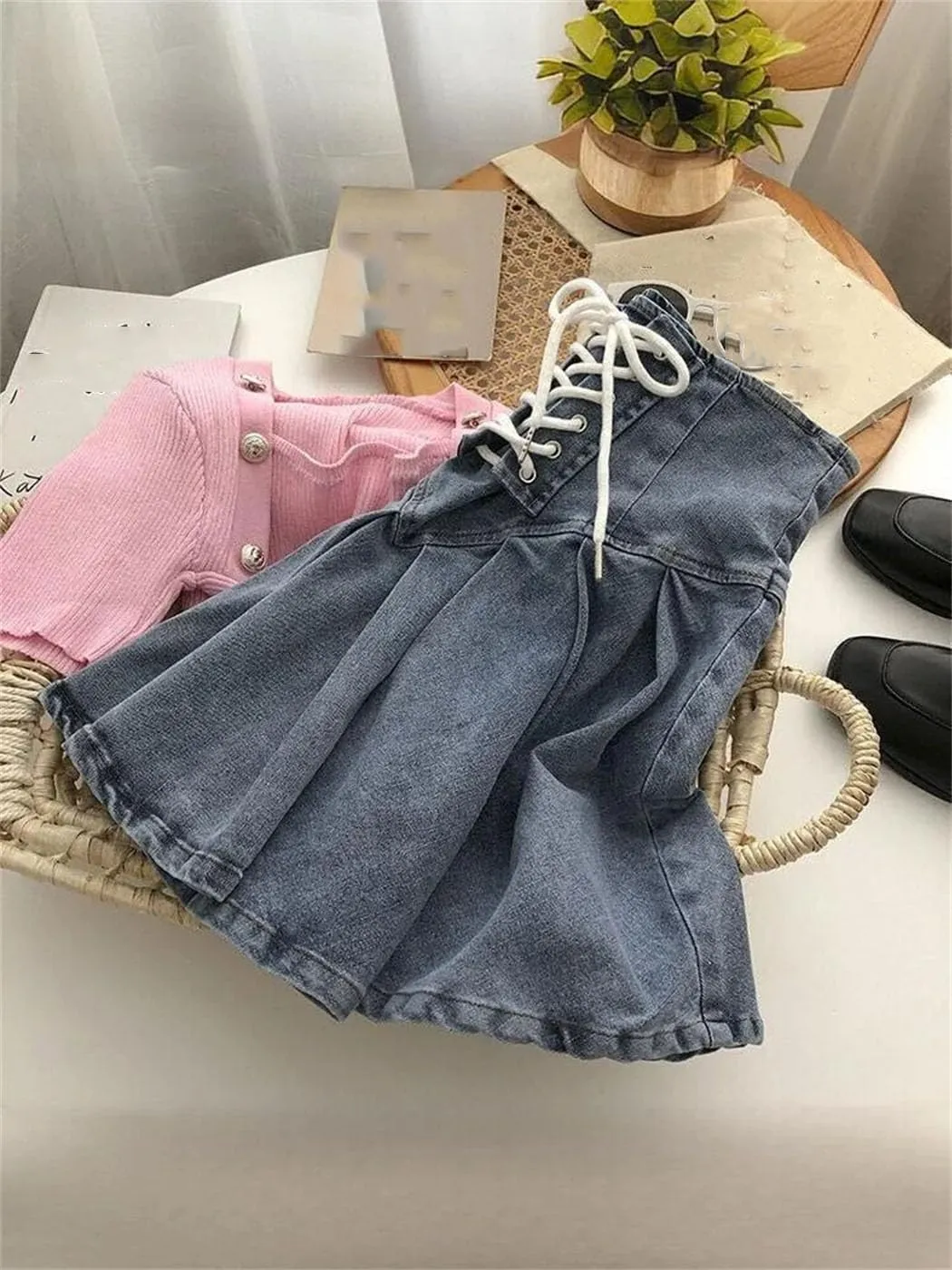 Women Denim Pleated Short Skirt Korean Lace-Up Fashionable Mini A-Line Skirts