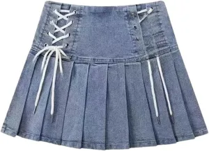 Women Denim Pleated Short Skirt Korean Lace-Up Fashionable Mini A-Line Skirts