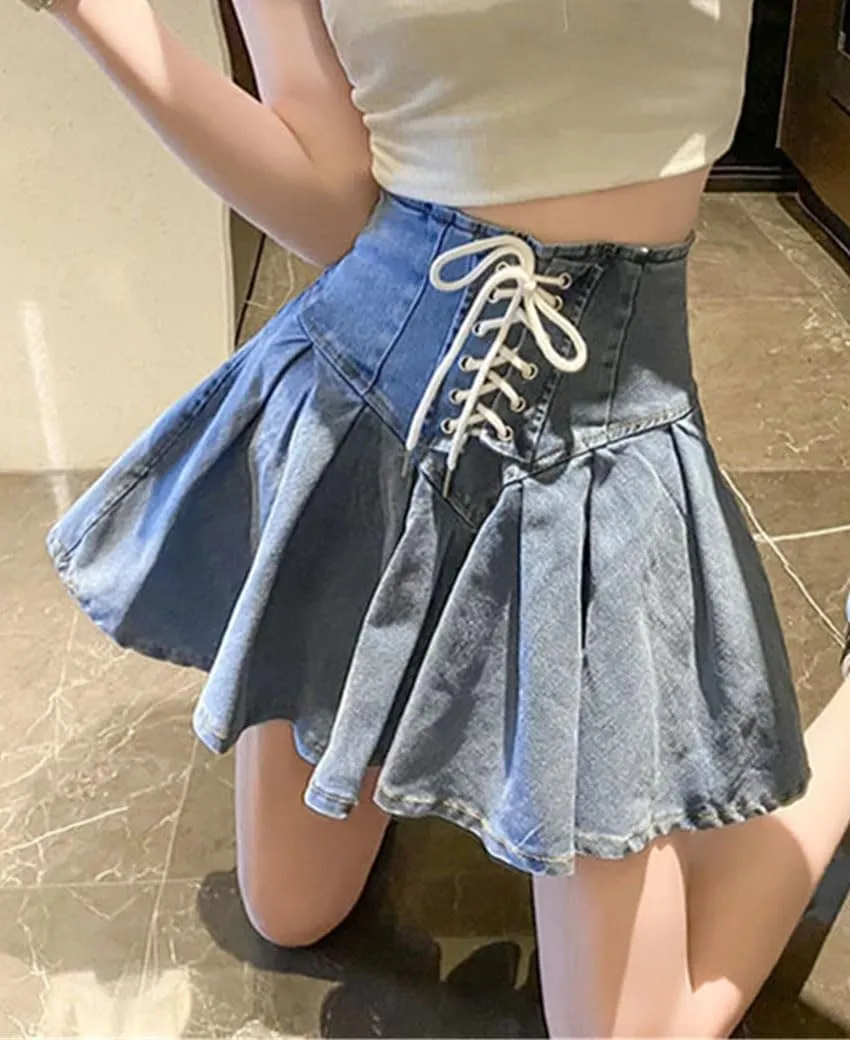 Women Denim Pleated Short Skirt Korean Lace-Up Fashionable Mini A-Line Skirts