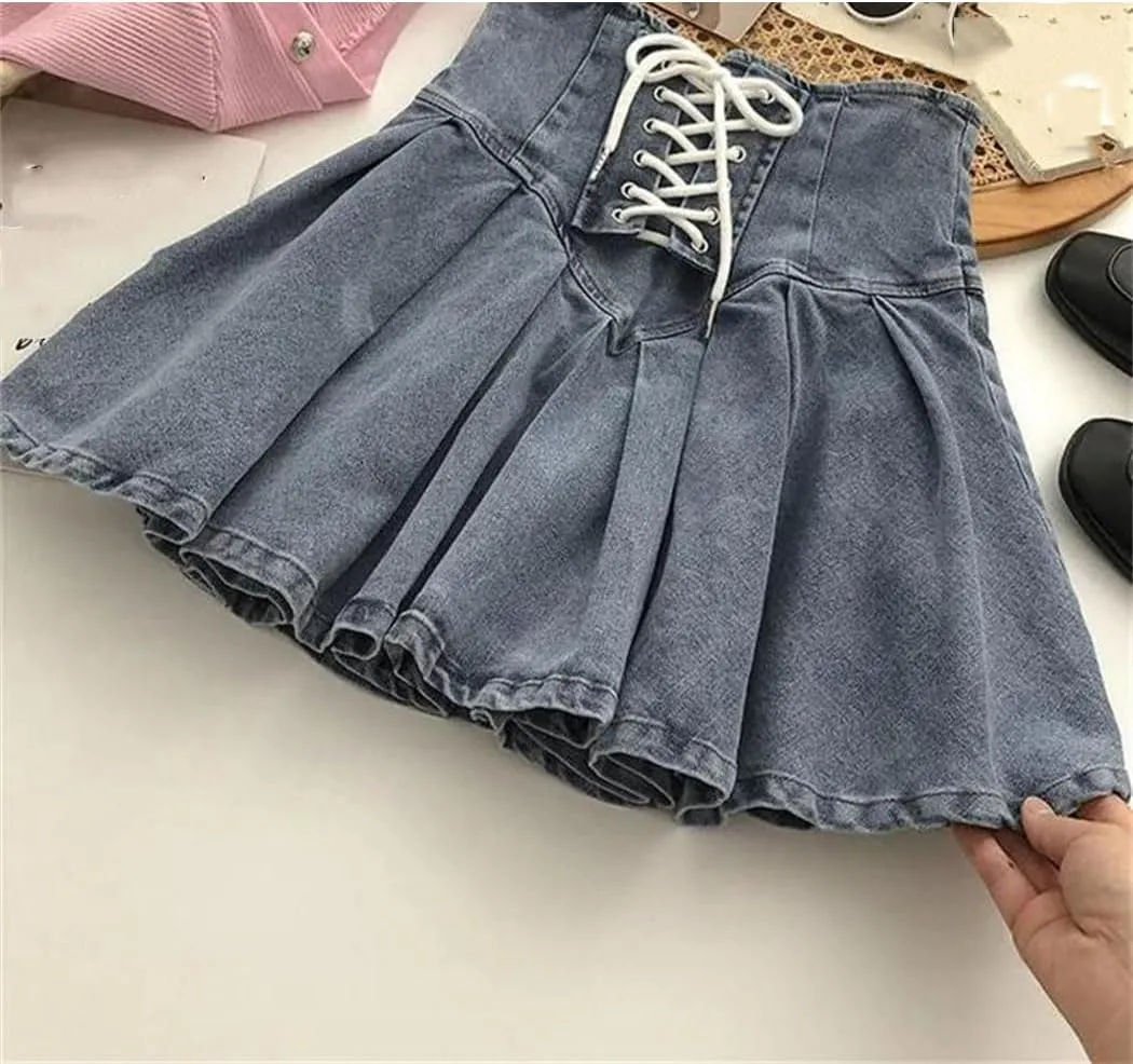 Women Denim Pleated Short Skirt Korean Lace-Up Fashionable Mini A-Line Skirts