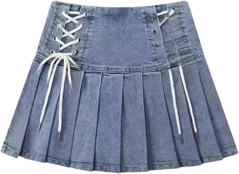 Women Denim Pleated Short Skirt Korean Lace-Up Fashionable Mini A-Line Skirts
