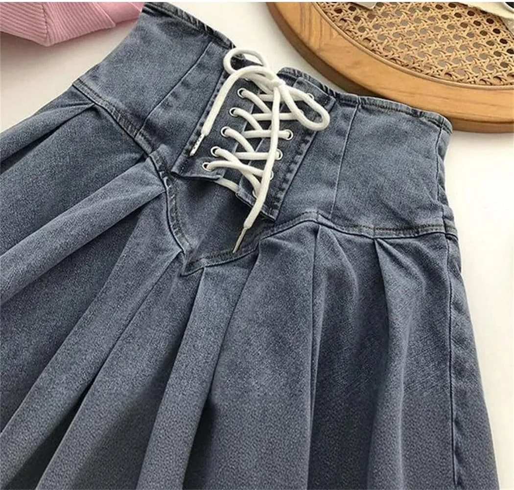 Women Denim Pleated Short Skirt Korean Lace-Up Fashionable Mini A-Line Skirts