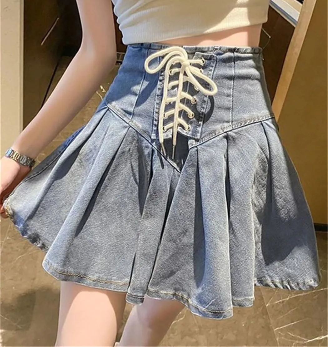 Women Denim Pleated Short Skirt Korean Lace-Up Fashionable Mini A-Line Skirts