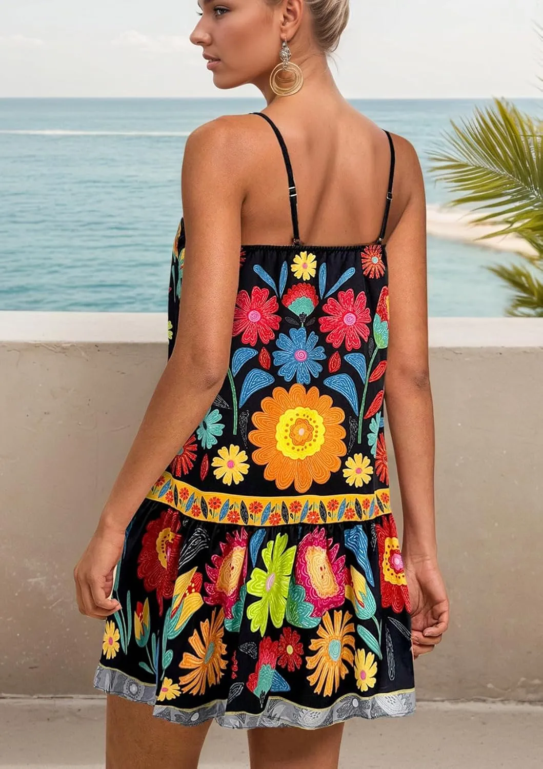 Women Floral Boho Flowy Mini Cami Dress Sleeveless Square Neck Ruffle Hem A Line Summer Vacation Beach Short Dress