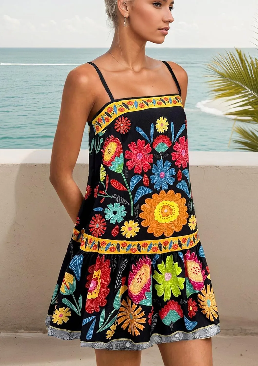Women Floral Boho Flowy Mini Cami Dress Sleeveless Square Neck Ruffle Hem A Line Summer Vacation Beach Short Dress