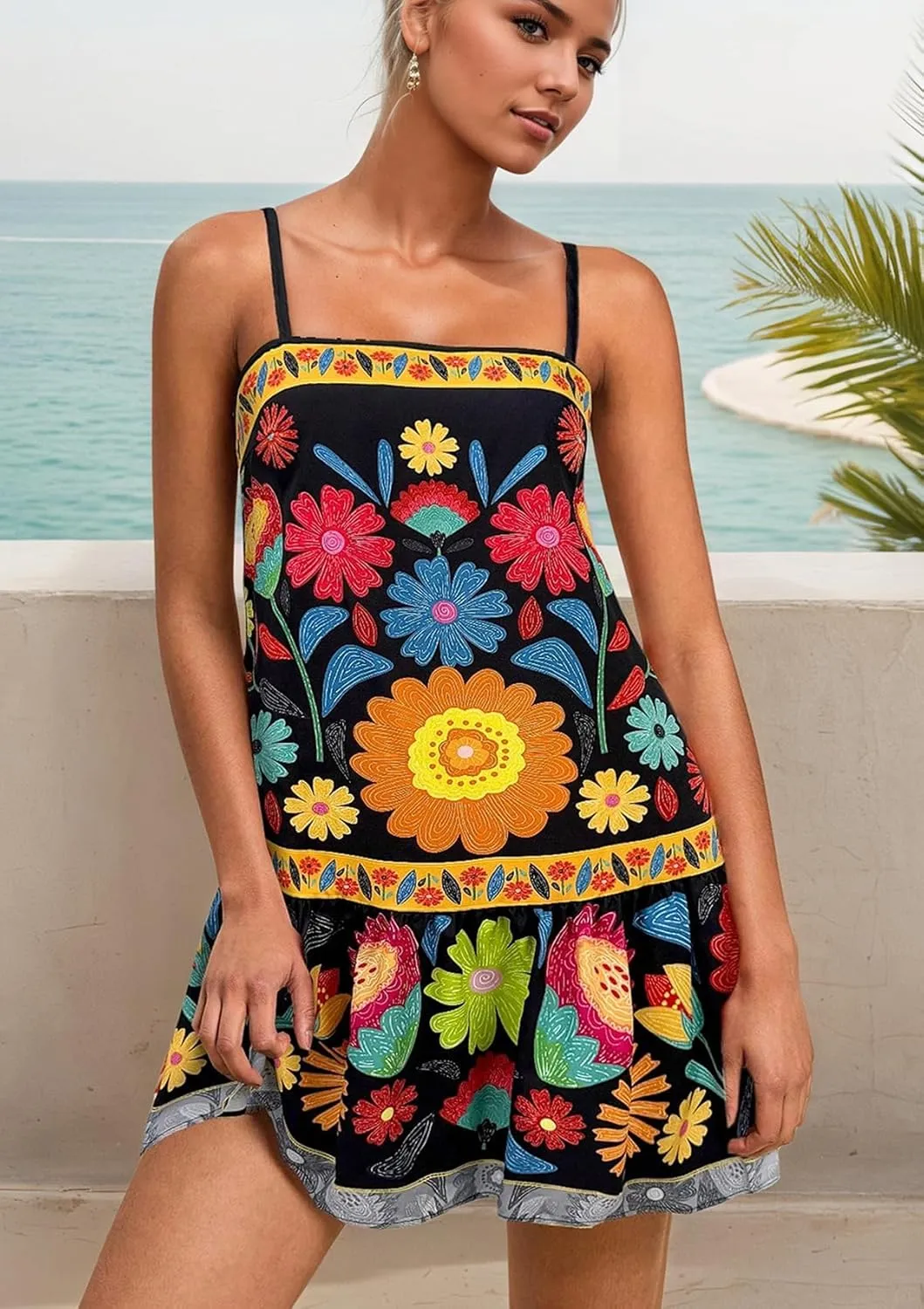Women Floral Boho Flowy Mini Cami Dress Sleeveless Square Neck Ruffle Hem A Line Summer Vacation Beach Short Dress