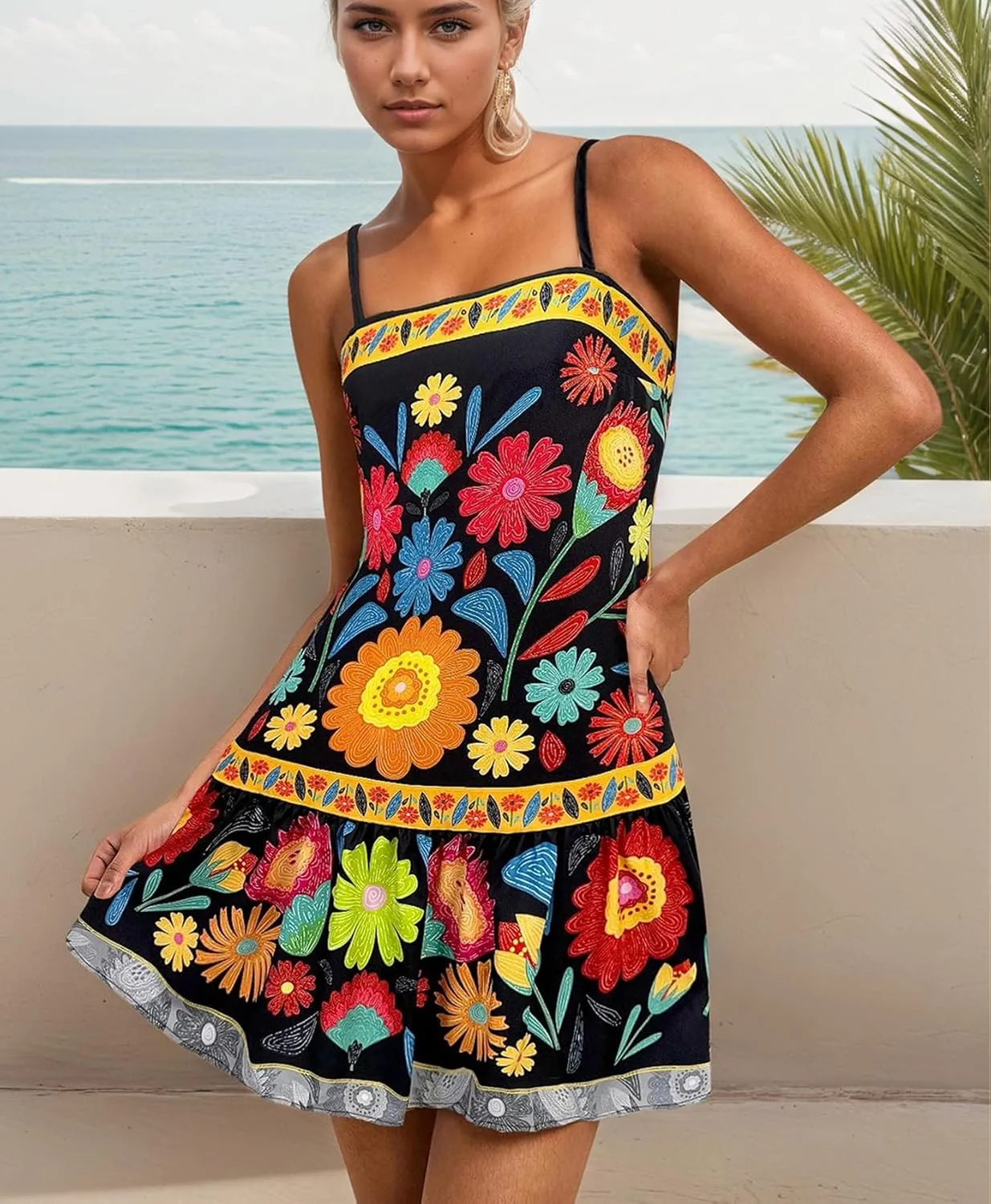 Women Floral Boho Flowy Mini Cami Dress Sleeveless Square Neck Ruffle Hem A Line Summer Vacation Beach Short Dress