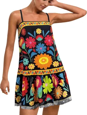 Women Floral Boho Flowy Mini Cami Dress Sleeveless Square Neck Ruffle Hem A Line Summer Vacation Beach Short Dress