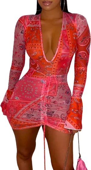 Women Floral Tie Dye Sexy Sheer Mesh Mini Dress Stretchy Printed Club Night Out Dresses Beach Cover Up Dress