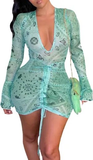 Women Floral Tie Dye Sexy Sheer Mesh Mini Dress Stretchy Printed Club Night Out Dresses Beach Cover Up Dress