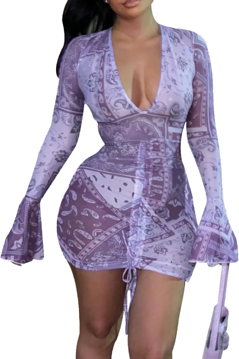 Women Floral Tie Dye Sexy Sheer Mesh Mini Dress Stretchy Printed Club Night Out Dresses Beach Cover Up Dress