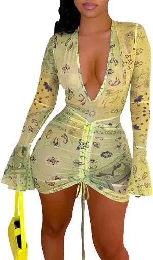 Women Floral Tie Dye Sexy Sheer Mesh Mini Dress Stretchy Printed Club Night Out Dresses Beach Cover Up Dress