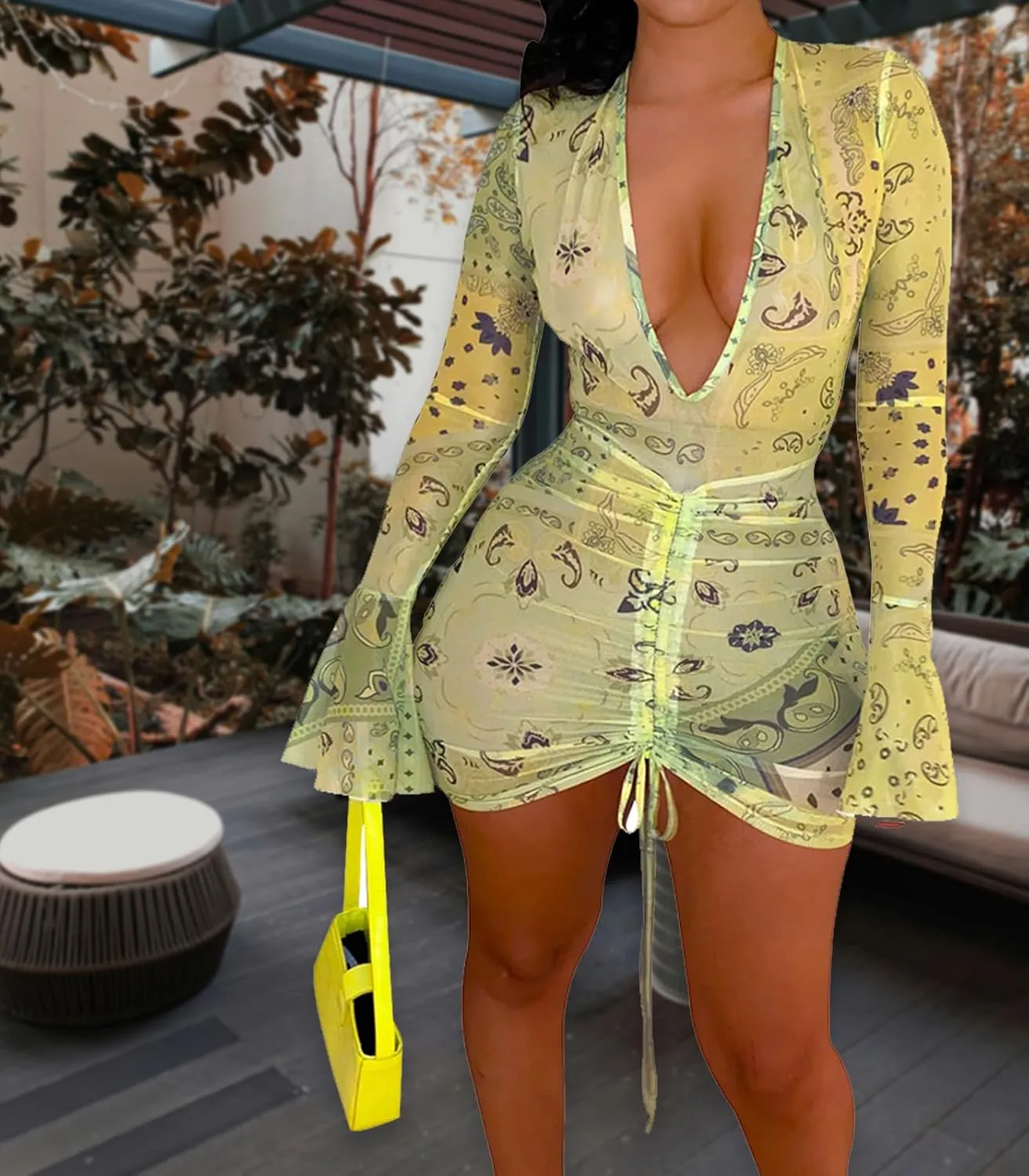 Women Floral Tie Dye Sexy Sheer Mesh Mini Dress Stretchy Printed Club Night Out Dresses Beach Cover Up Dress
