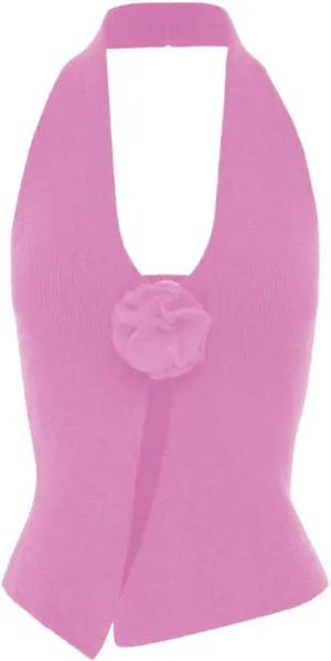 Women Halter Neck 3D Floral Rib-Knit Top Tank Y2k Sexy Sleeveless Backless Open Front Slim Fit Sweater Vest