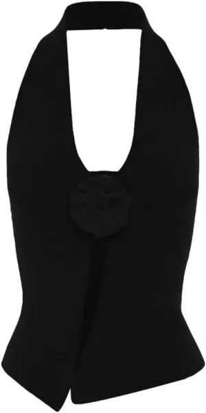 Women Halter Neck 3D Floral Rib-Knit Top Tank Y2k Sexy Sleeveless Backless Open Front Slim Fit Sweater Vest