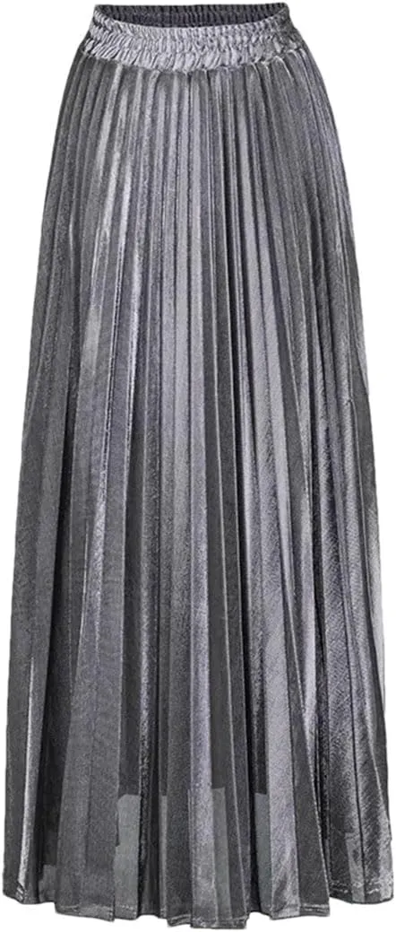 Women High Waist A-Line Pleated Sliver Vintage Elastic Long Halfbody Skirt