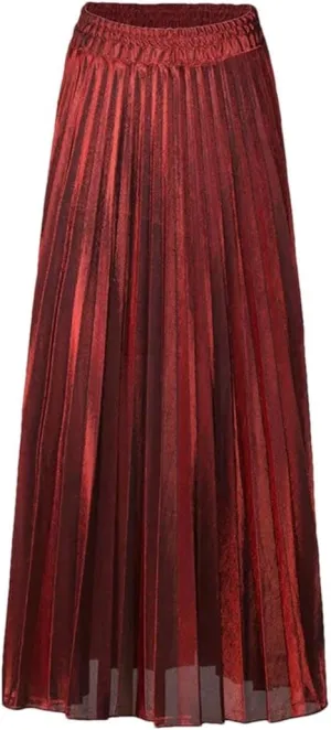 Women High Waist A-Line Pleated Sliver Vintage Elastic Long Halfbody Skirt