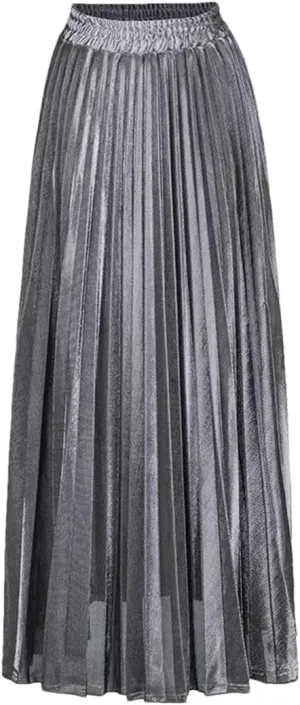 Women High Waist A-Line Pleated Sliver Vintage Elastic Long Halfbody Skirt