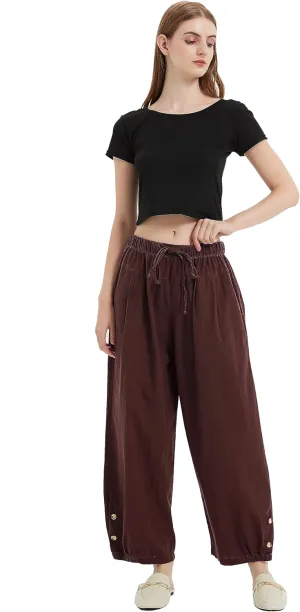 Women High Waist Casual Wide Leg Palazzo Pants Linen Drawstring Cropped Pants Trousers Regular Size