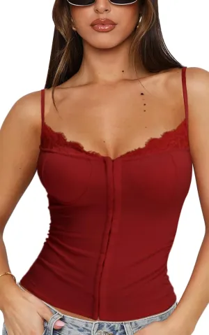 Women Lace Trim Tank Cami Top with Built in Bra Cute Padded Lingerie for Summer Date Night Going Out