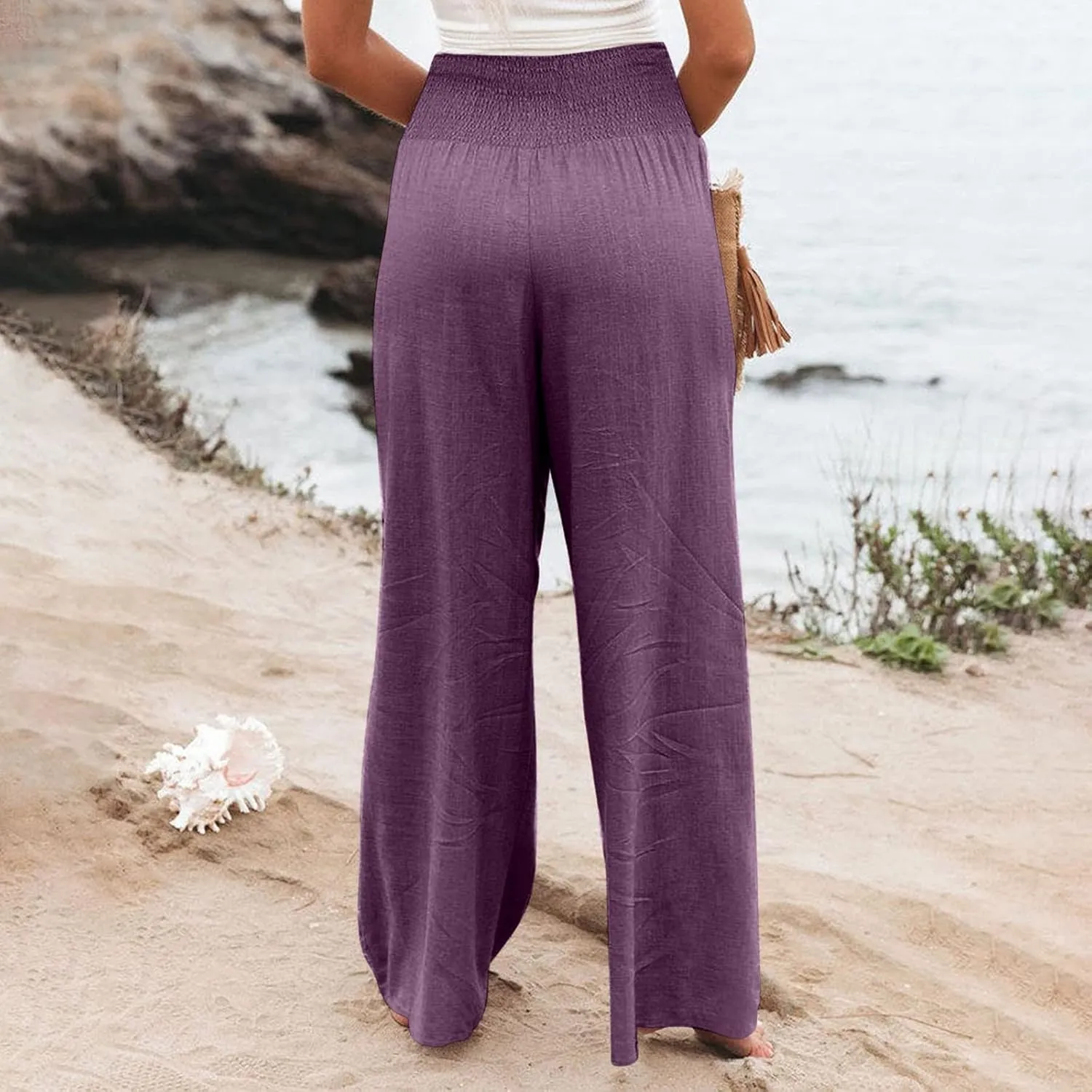 Women Linen Palazzo Pants Summer Wide Leg High Waist Casual Lounge Pant Beach Vacation Trousers with Pockets