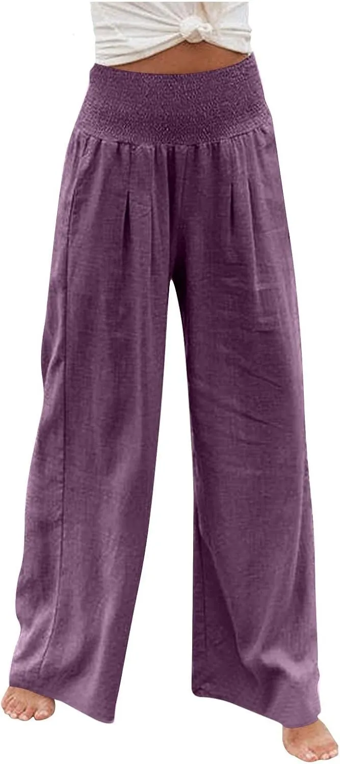 Women Linen Palazzo Pants Summer Wide Leg High Waist Casual Lounge Pant Beach Vacation Trousers with Pockets