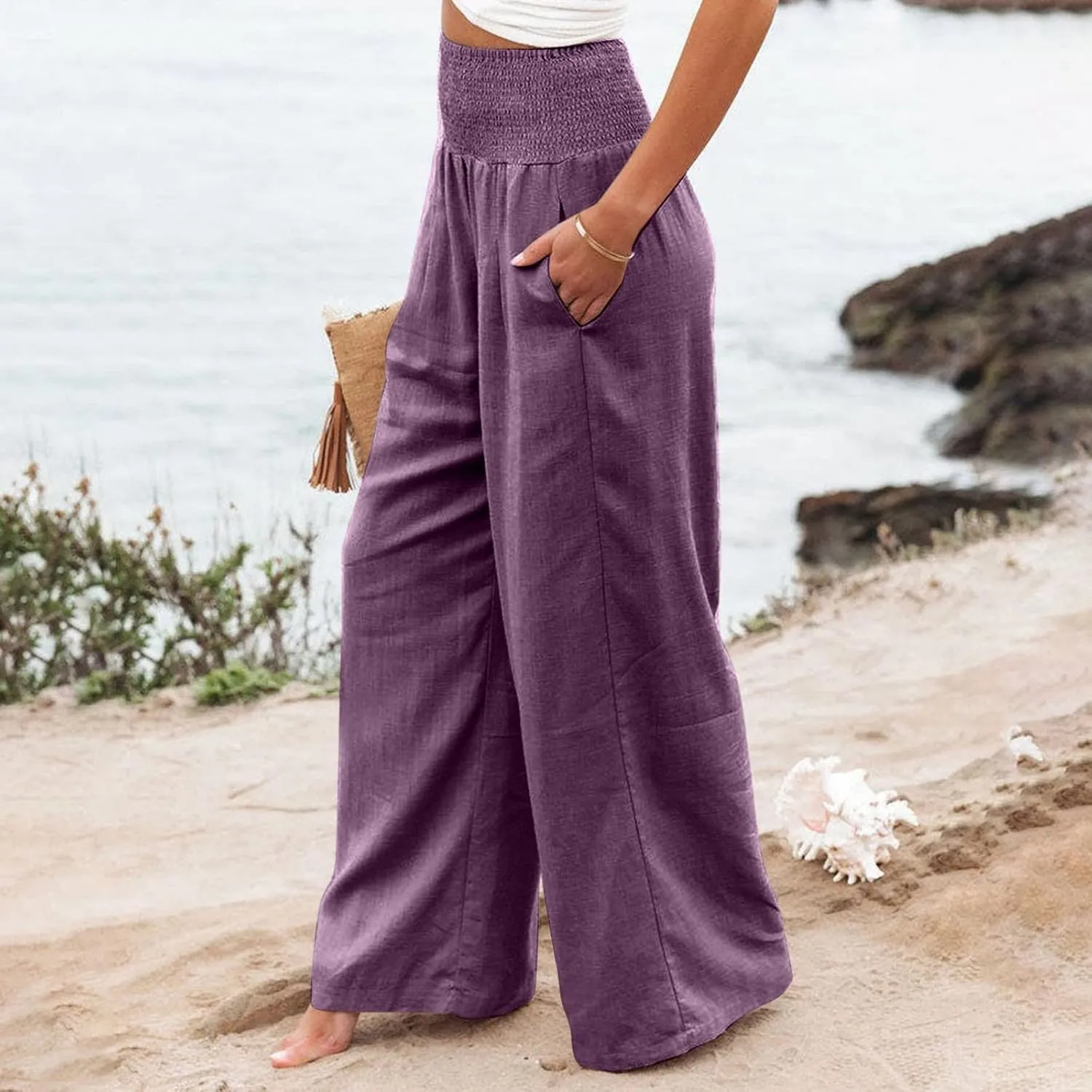 Women Linen Palazzo Pants Summer Wide Leg High Waist Casual Lounge Pant Beach Vacation Trousers with Pockets