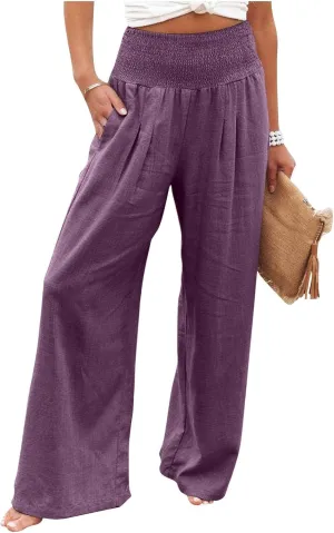Women Linen Palazzo Pants Summer Wide Leg High Waist Casual Lounge Pant Beach Vacation Trousers with Pockets