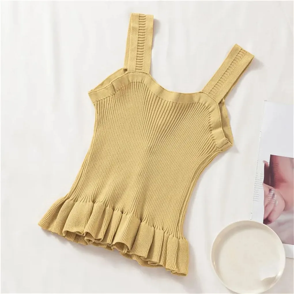 Women Ruffle Edge Button Tank Tops Elastic Knit Camisole Worn Outside Slim Sleeveless Rib Crop Top