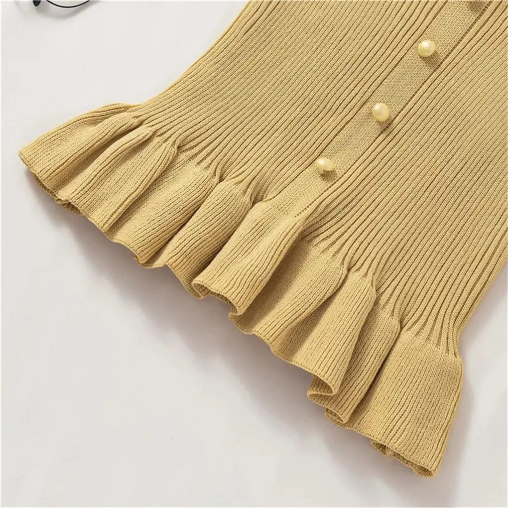 Women Ruffle Edge Button Tank Tops Elastic Knit Camisole Worn Outside Slim Sleeveless Rib Crop Top