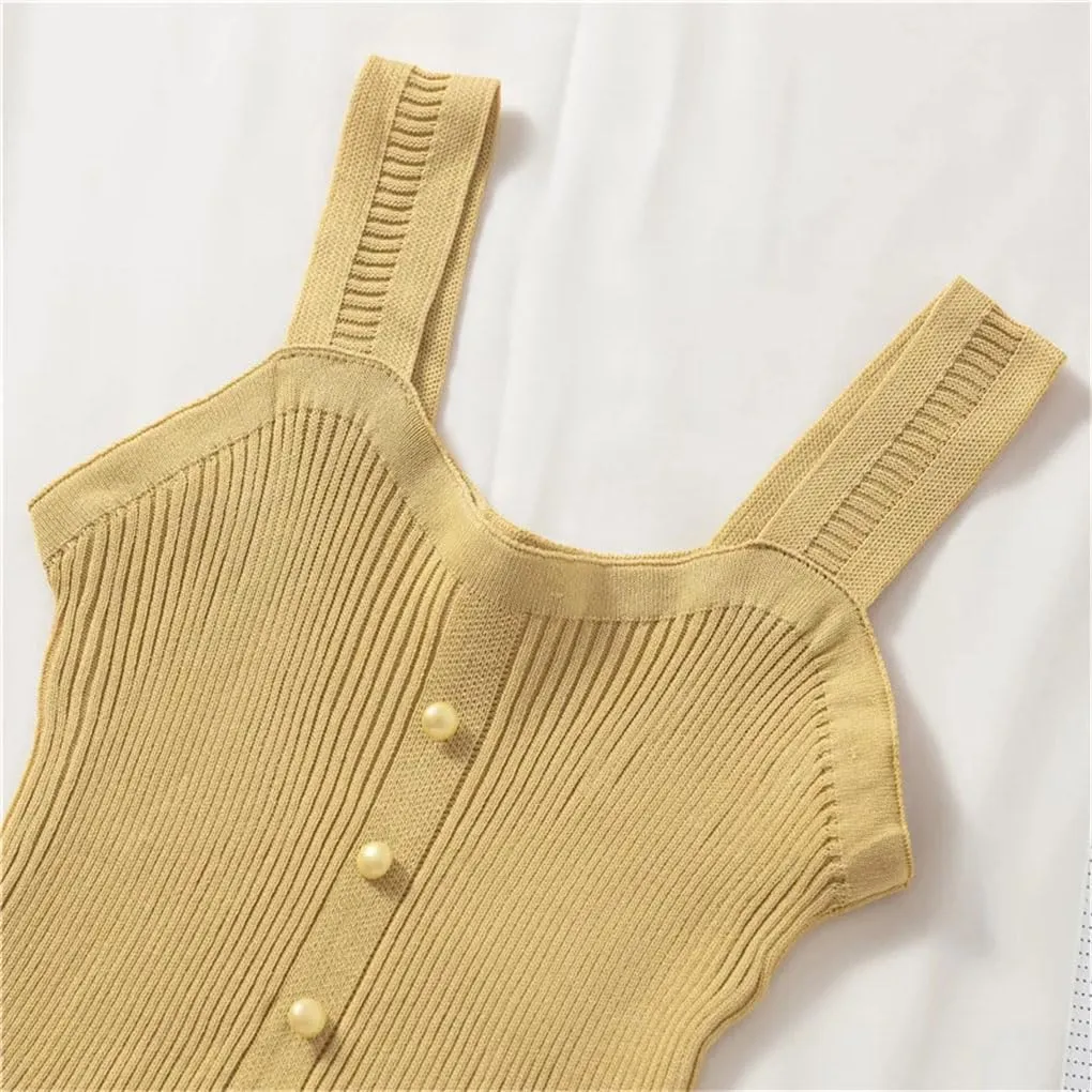 Women Ruffle Edge Button Tank Tops Elastic Knit Camisole Worn Outside Slim Sleeveless Rib Crop Top