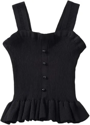 Women Ruffle Edge Button Tank Tops Elastic Knit Camisole Worn Outside Slim Sleeveless Rib Crop Top