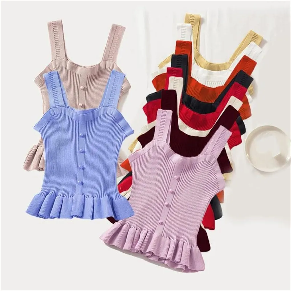Women Ruffle Edge Button Tank Tops Elastic Knit Camisole Worn Outside Slim Sleeveless Rib Crop Top