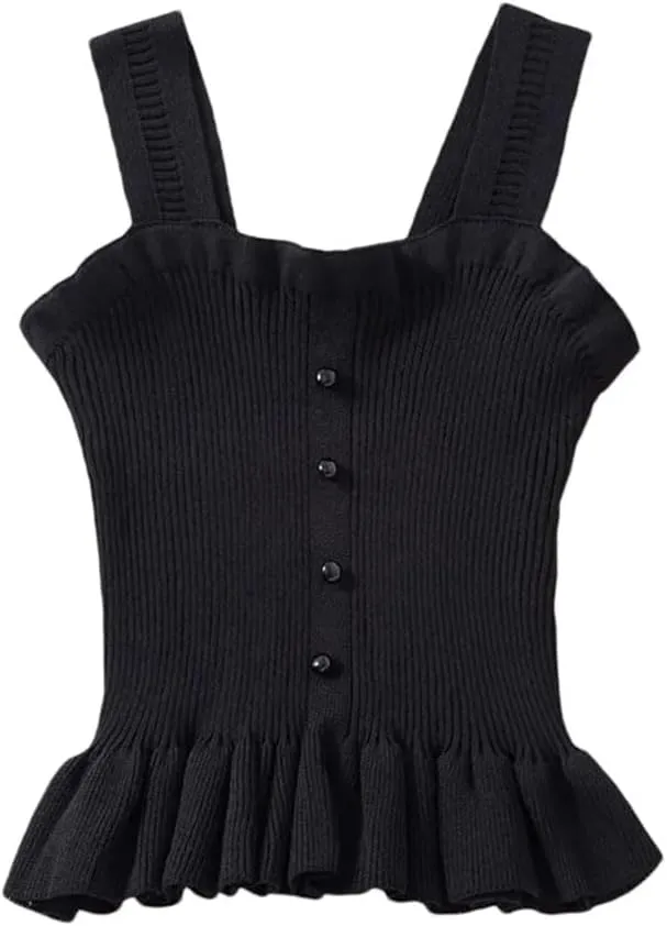 Women Ruffle Edge Button Tank Tops Elastic Knit Camisole Worn Outside Slim Sleeveless Rib Crop Top