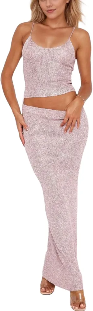 Women Sexy Glitter Knit 2 Piece Outfits Sequin Slim Fit Crop Cami Top Sparkle Maxi Bodycon Skirt Set Clubwear