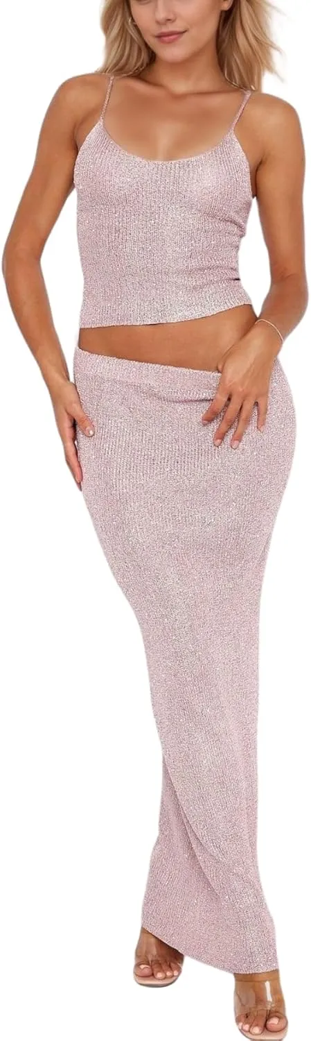 Women Sexy Glitter Knit 2 Piece Outfits Sequin Slim Fit Crop Cami Top Sparkle Maxi Bodycon Skirt Set Clubwear