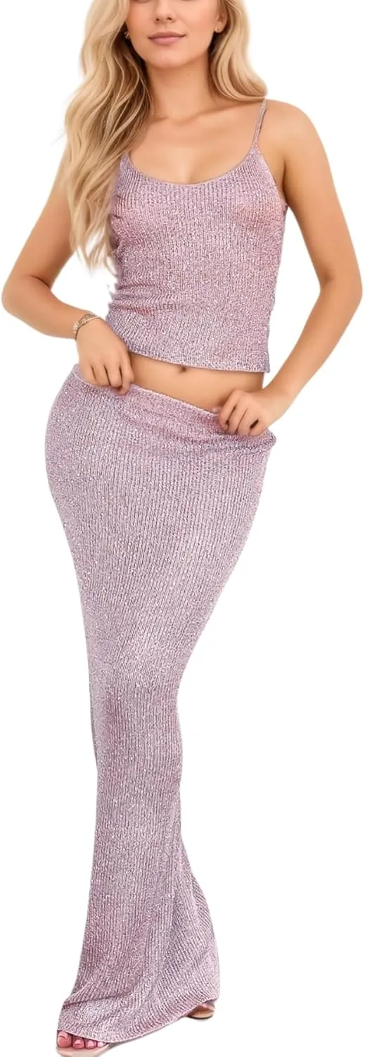Women Sexy Glitter Knit 2 Piece Outfits Sequin Slim Fit Crop Cami Top Sparkle Maxi Bodycon Skirt Set Clubwear